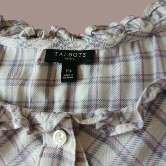 Talbots plaid top balloon sleeves buttons down  size Medium petite - Picture 4 of 8